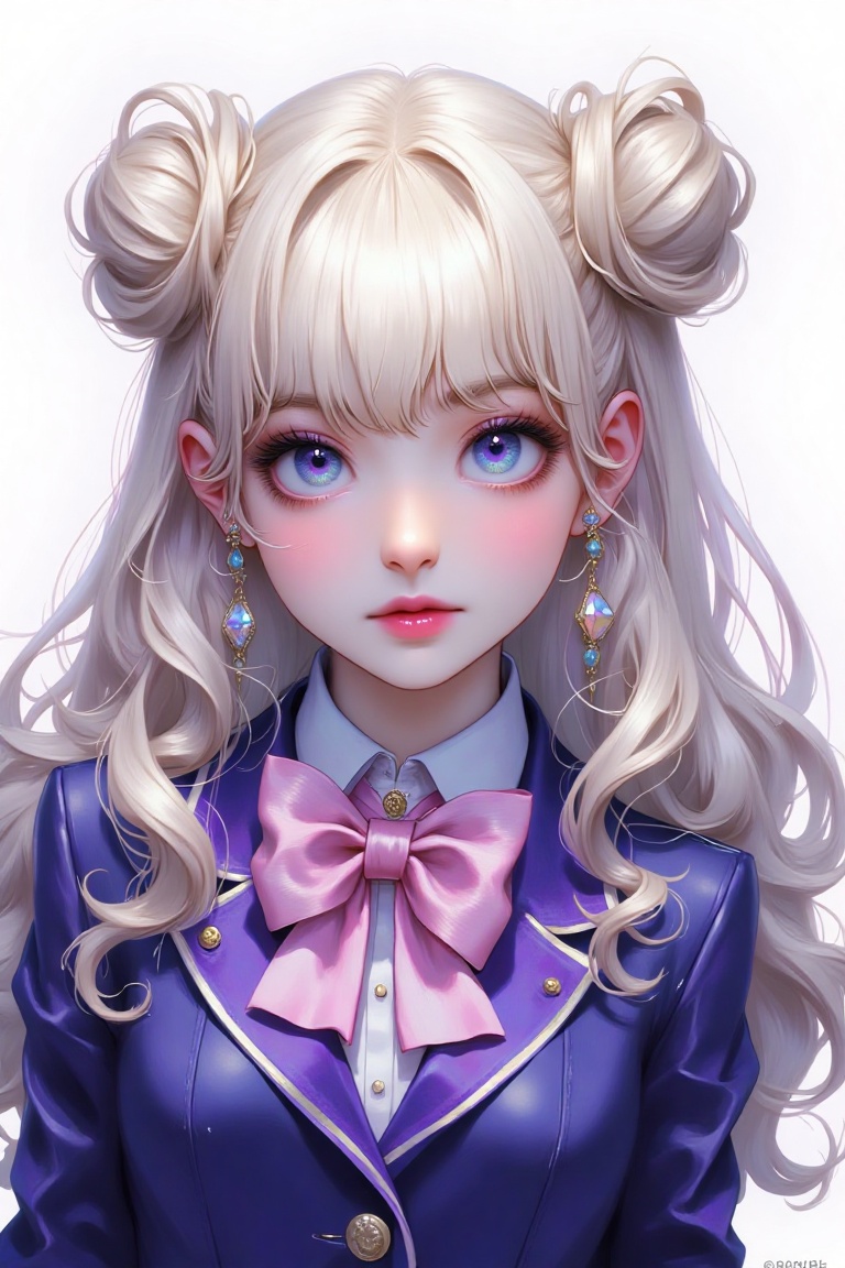 A cartoon drawing of a girl with long blonde hair tied in a bun. She is wearing a purple and blue school uniform with a pi...