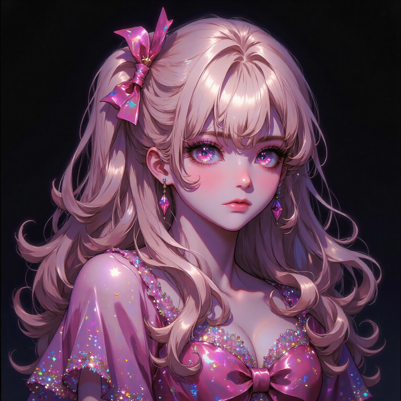 a cartoon girl with long blonde hair,  wearing a pink dress adorned with sparkles. Her dress is adorned with a pink bow at...