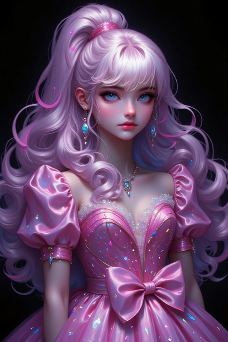 a cartoon girl with long blonde hair,  wearing a pink dress adorned with sparkles. Her dress is adorned with a pink bow at...