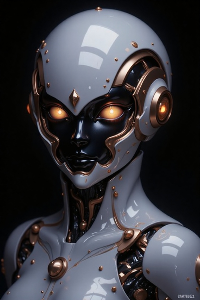 a close-up shot of a robot's face is displayed against a dark backdrop. The robot's head is adorned with a white helmet,...