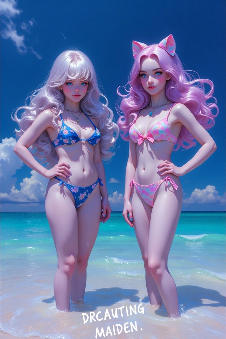 Captured at eye-level on a vibrant day,  two cartoon characters are standing on a beach. The character on the left is a bl...