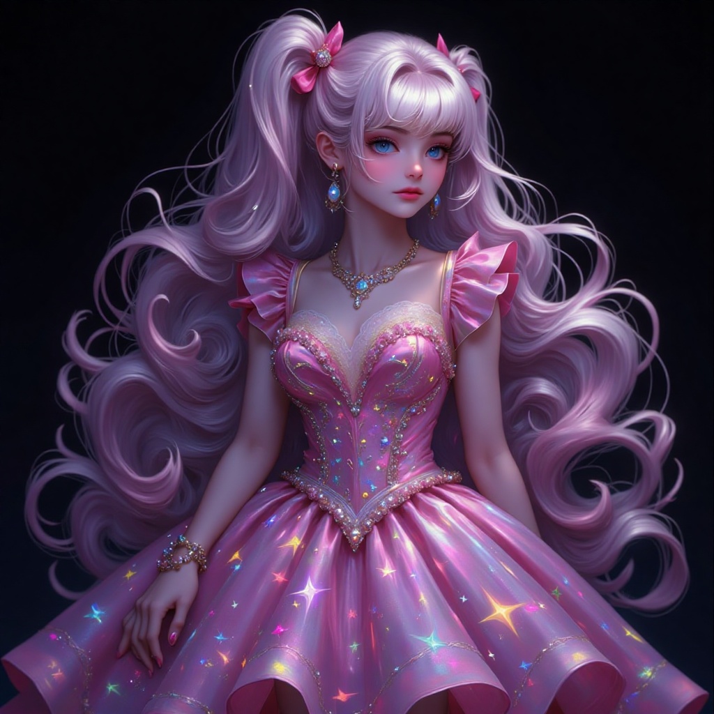 a cartoon girl with long blonde hair,  wearing a pink dress adorned with sparkles. Her dress is adorned with a pink bow at...