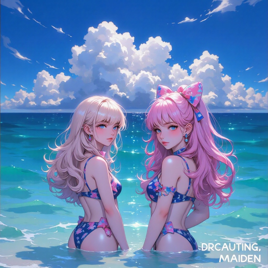 Captured at eye-level on a vibrant day,  two cartoon characters are standing on a beach. The character on the left is a bl...