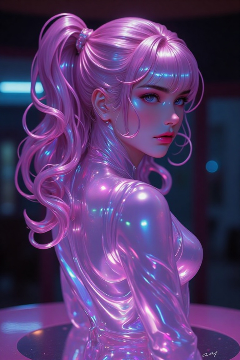 a woman's face is encased in a transparent glass sculpture. The sculpture is adorned with a vibrant pink hue,  adding a po...