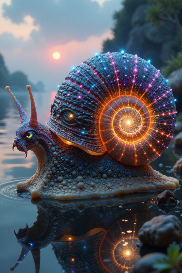 Hyper-realistic surrealist fusion of a bioluminescent gastropod and ethereal luminary. A colossal snail with an iridescent...