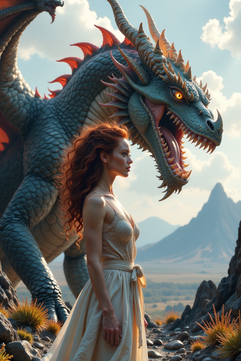 A dreamy panorama at the end of the world,  featuring a huge chunky sculptural young curly redhead woman with a spicy look...