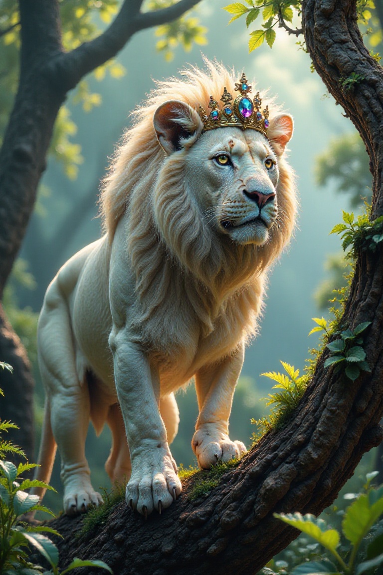 cinematic,  A majestic white Lion perches on a gnarled tree branch,  its thick and sturdy feathers glowing softly in warm...