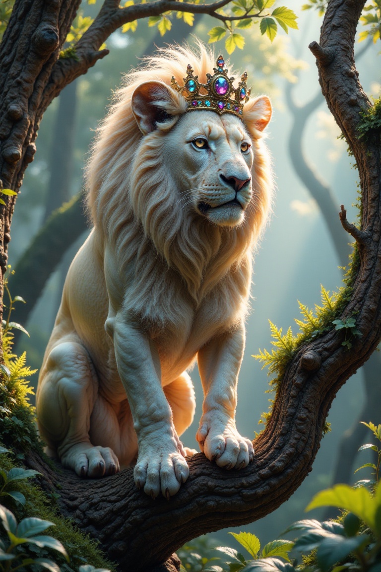cinematic,  A majestic white Lion perches on a gnarled tree branch,  its thick and sturdy feathers glowing softly in warm...