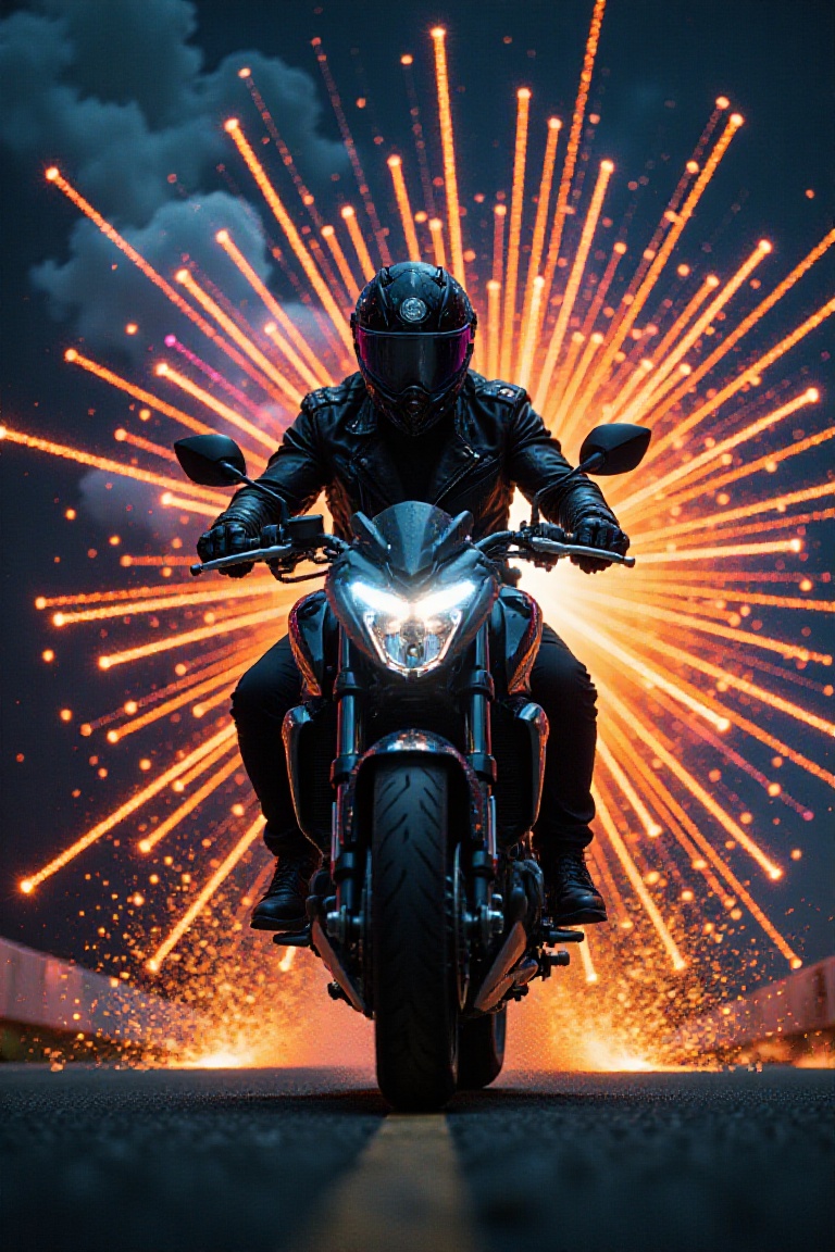 A dynamic,  low-angle point-of-view shot of a professional motorcyclist in a sleek black motorcycle and helmet,  clad in a...