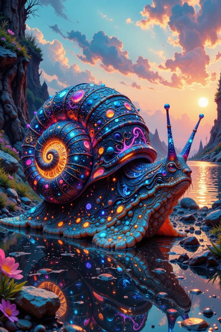 Hyper-realistic surrealist fusion of a bioluminescent gastropod and ethereal luminary. A colossal snail with an iridescent...