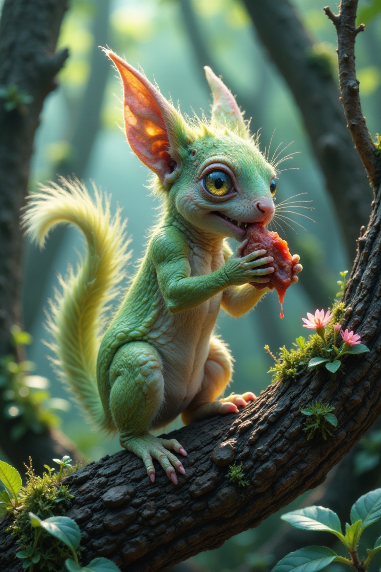 A twisted pastel alien squirrel creature with pale green fur,  perched on a tree branch,  chewing on a chunk of meat. The...