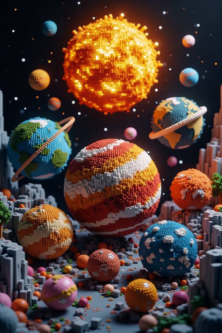 A collection of planets and the sun rendered in voxel art style,  with each celestial body composed of colorful,  blocky p...