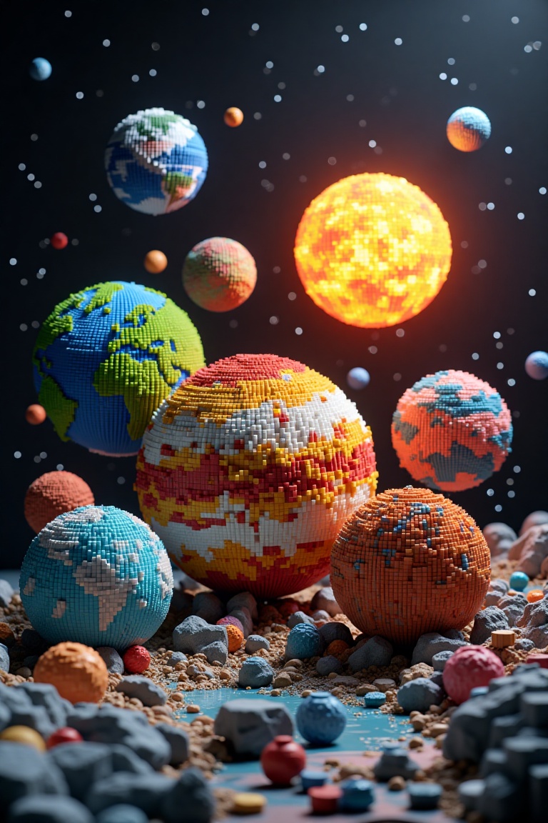 A collection of planets and the sun rendered in voxel art style,  with each celestial body composed of colorful,  blocky p...