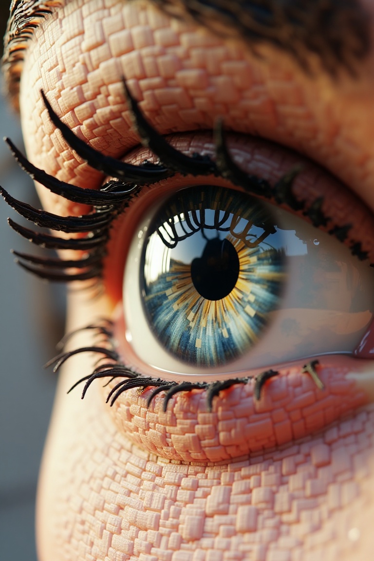 A close-up of realistic eyes rendered in voxel art style,  with detailed pixelated textures and a slight grain. The eyes a...