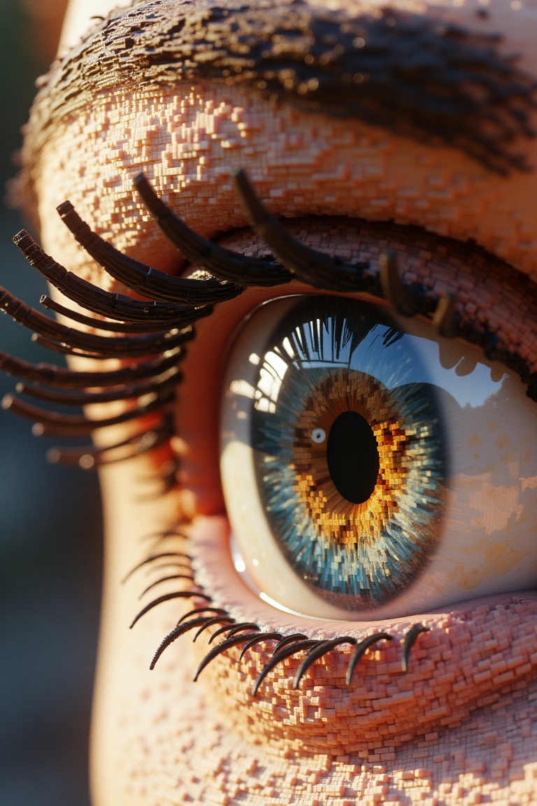 A close-up of realistic eyes rendered in voxel art style,  with detailed pixelated textures and a slight grain. The eyes a...