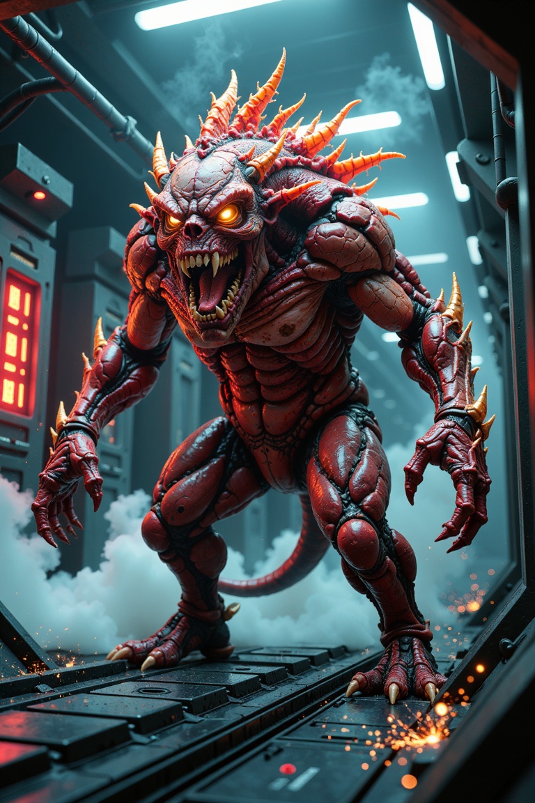 A hyper-realistic sci-fi fantasy setting,  a terrifying demon monster awakens inside a dimly lit biotech experimental lab....