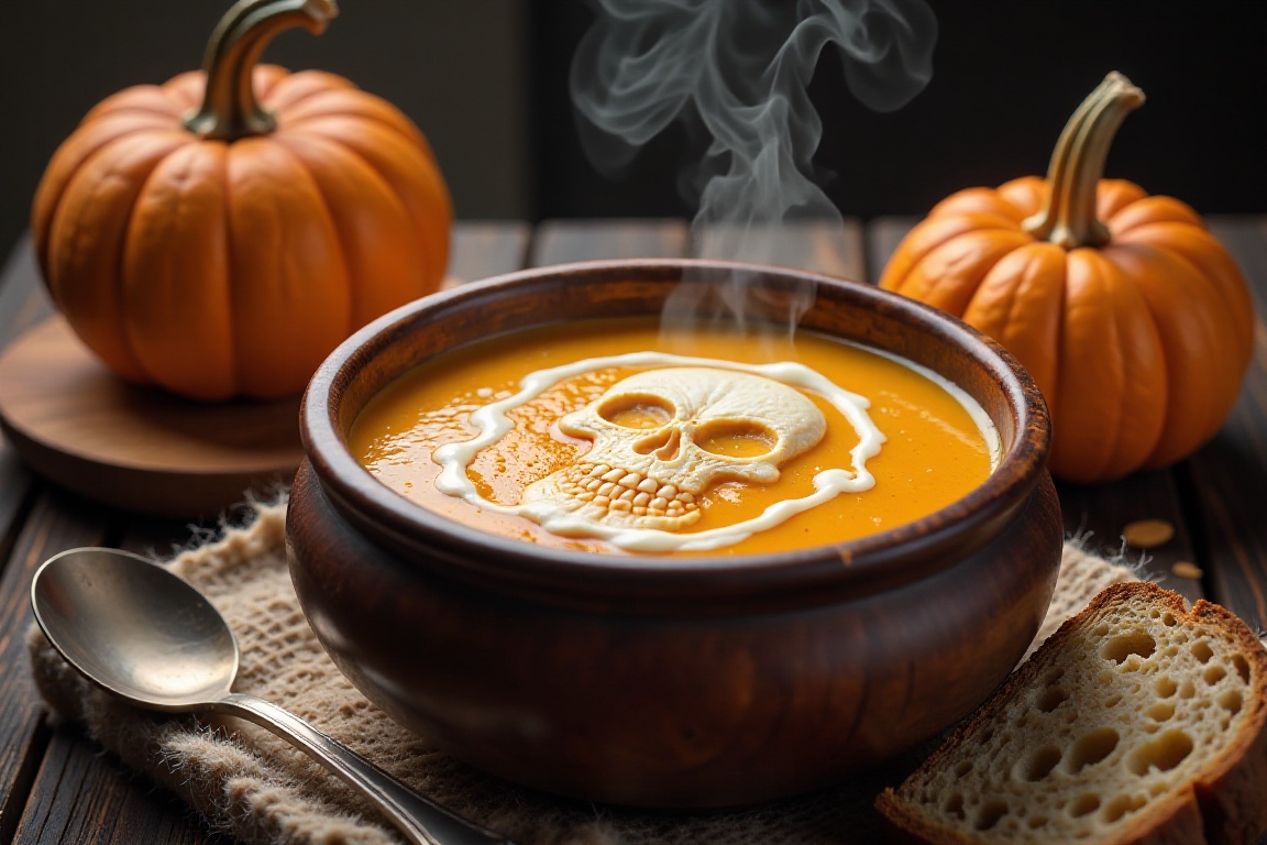 Camera captures a warm,  inviting shot of steaming hot pumpkin soup filling a rustic wooden bowl. Soft golden light illumi...