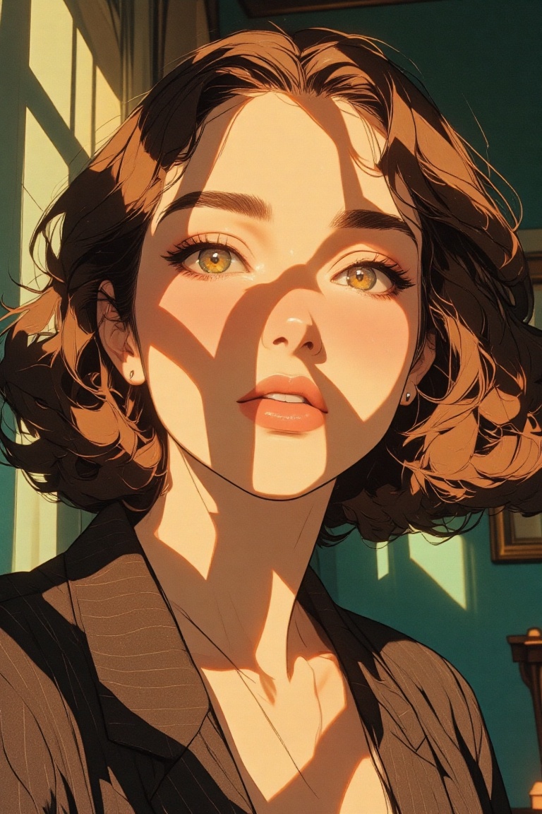 Close-up portrait of a woman illuminated by soft,  warm afternoon light streaming through window blinds,  creating strikin...