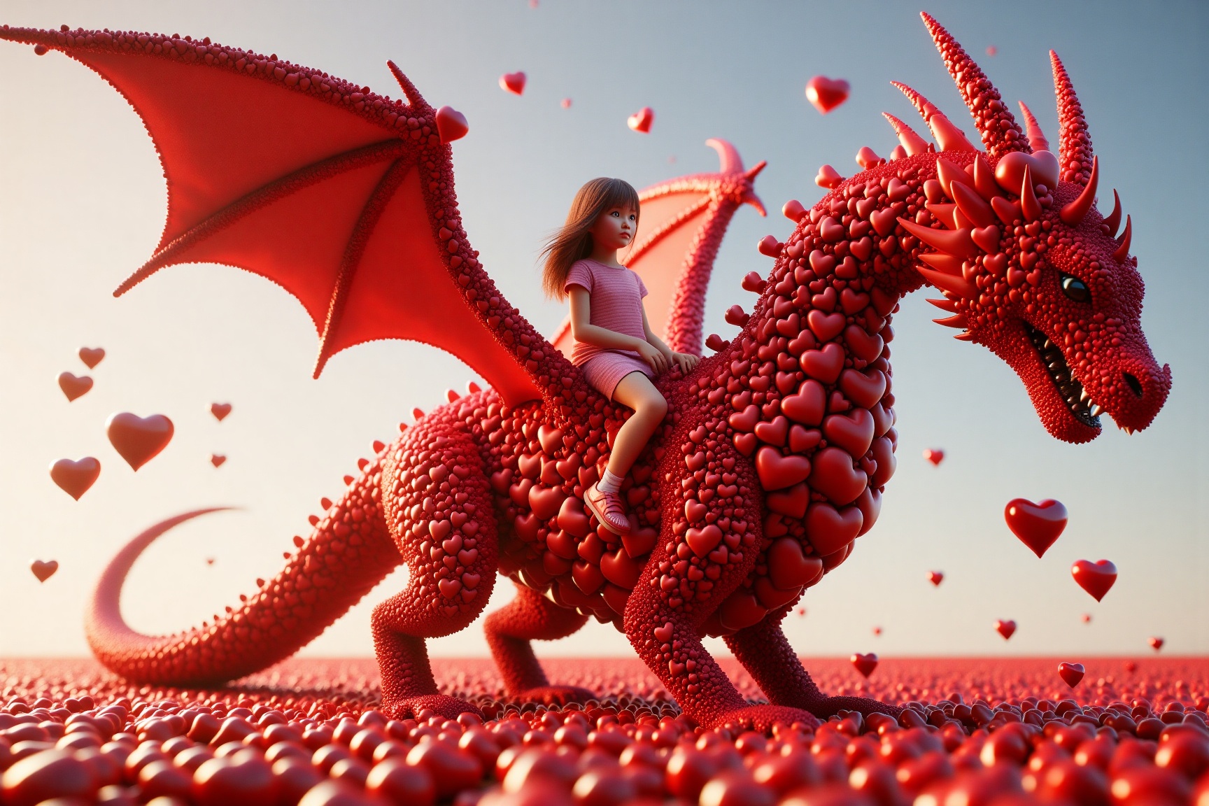 This image is a highly detailed,  CGI-rendered artwork featuring a girl riding on the back of a majestic dragon. The drago...