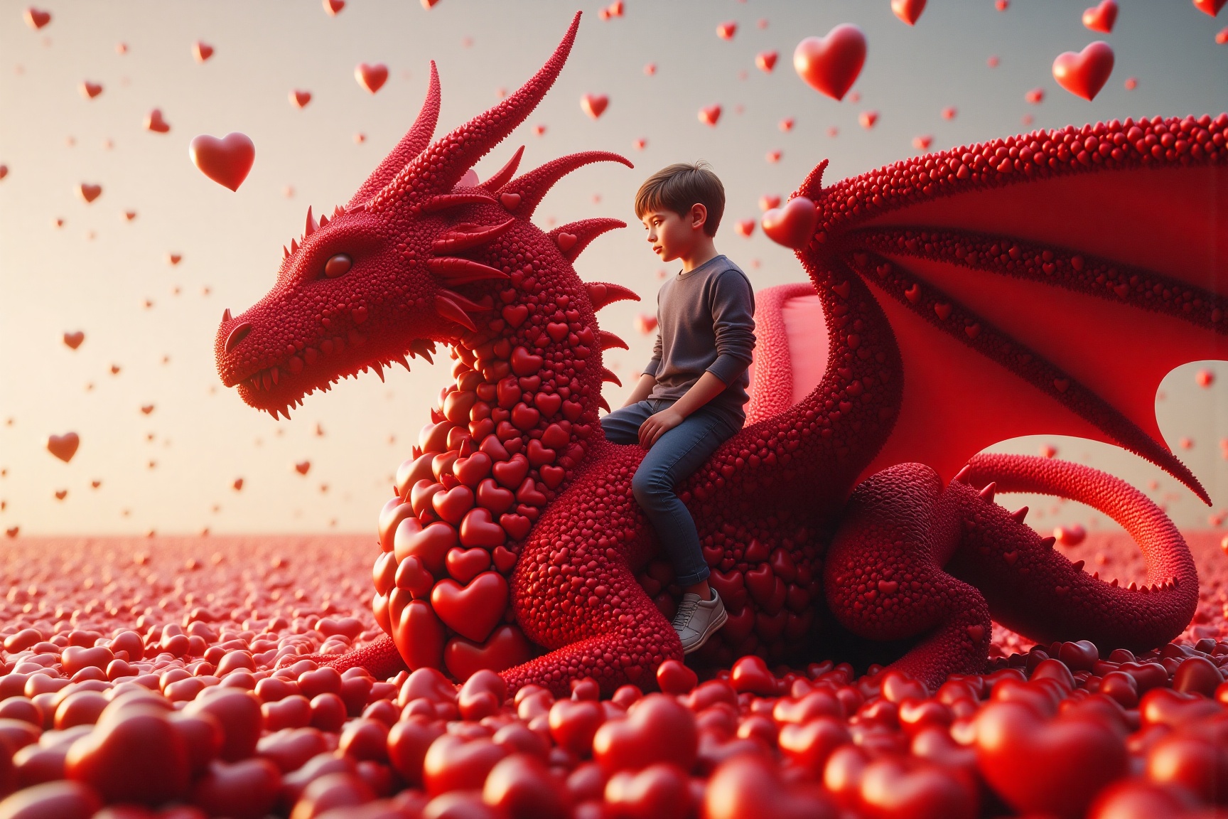 This image is a highly detailed,  CGI-rendered artwork featuring a boy riding on the back of a majestic dragon. The dragon...
