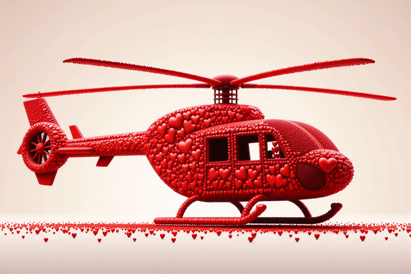 This is a digital artwork featuring a stylized helicopter composed entirely of red hearts. The helicopter,  a Bell 206 Jet...