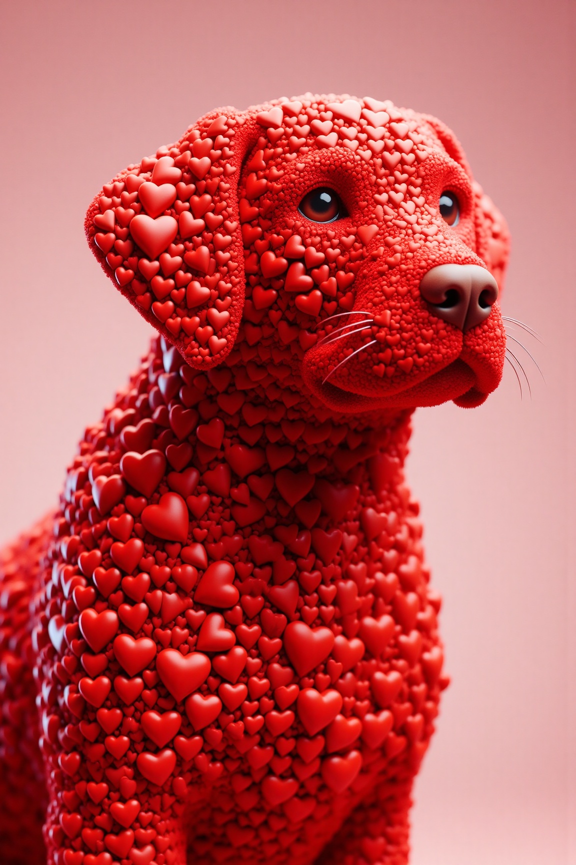 This is a digital artwork featuring a stylized,  three-dimensional rendering of a dog,  primarily composed of red hearts....