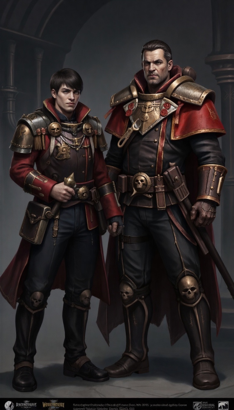Two male characters in a gritty,  dark fantasy setting. The character on the left is a young man with fair skin and a dete...