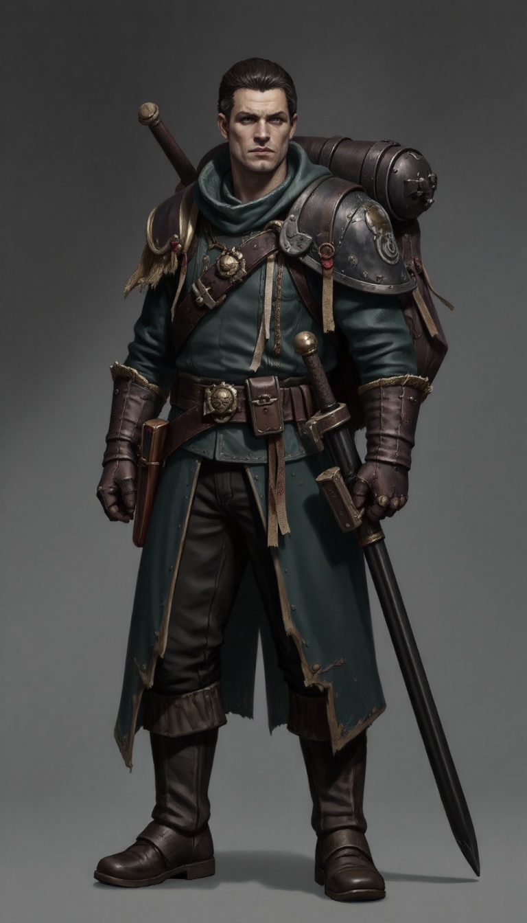 A detailed digital painting features a rugged,  fantasy-inspired character decked out in a worn,  earthy-green cloak that...
