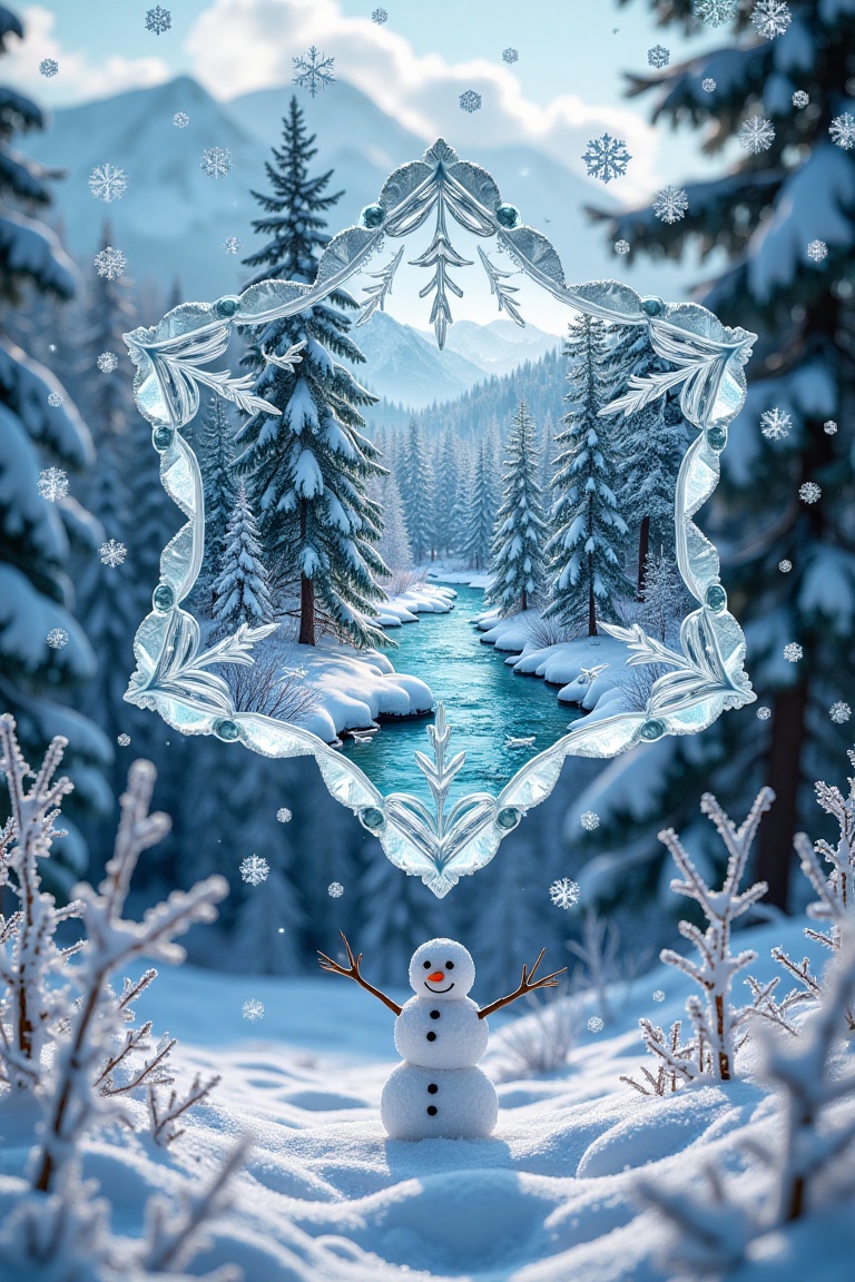 A magical winter scene with countless snowflakes gently falling through the air,  each sparkling in the cold light. One la...