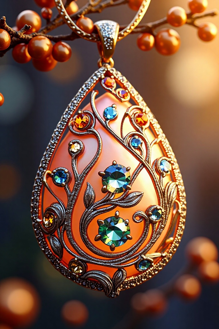 A detailed close-up of a delicate,  handcrafted pendant. The pendant is shaped like a teardrop,  encrusted with tiny on Te...