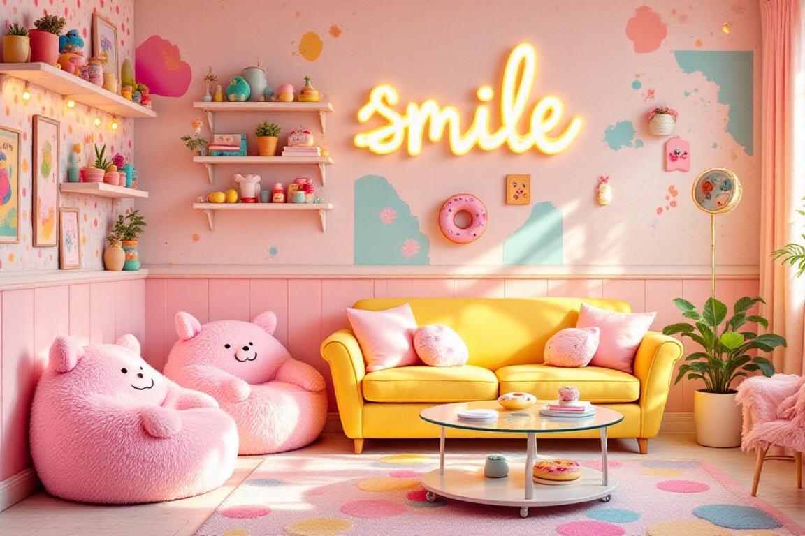 Charming and quirky interior design studio,  filled with playful pastel hues and whimsical decor. Fluffy pink beanbag chai...
