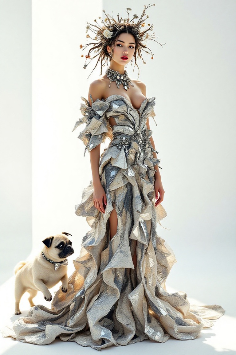 In the foreground,  a model stands defiantly against a stark white backdrop,  her silhouette a stark contrast to the minim...