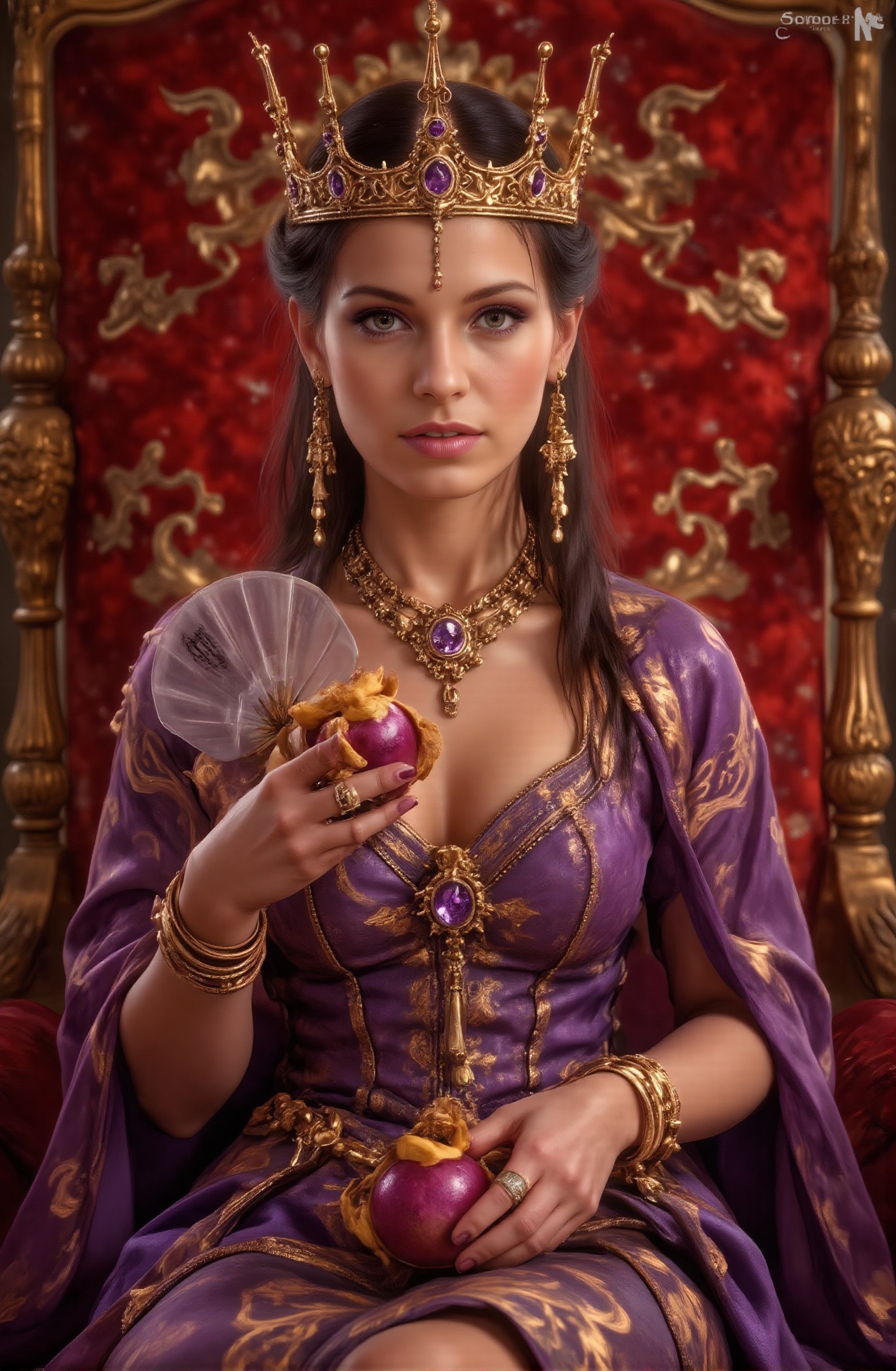 Score_9,  depicting a gorgeous medieval European palace scene. This is a gorgeous and magnificent palace. The queen in gor...