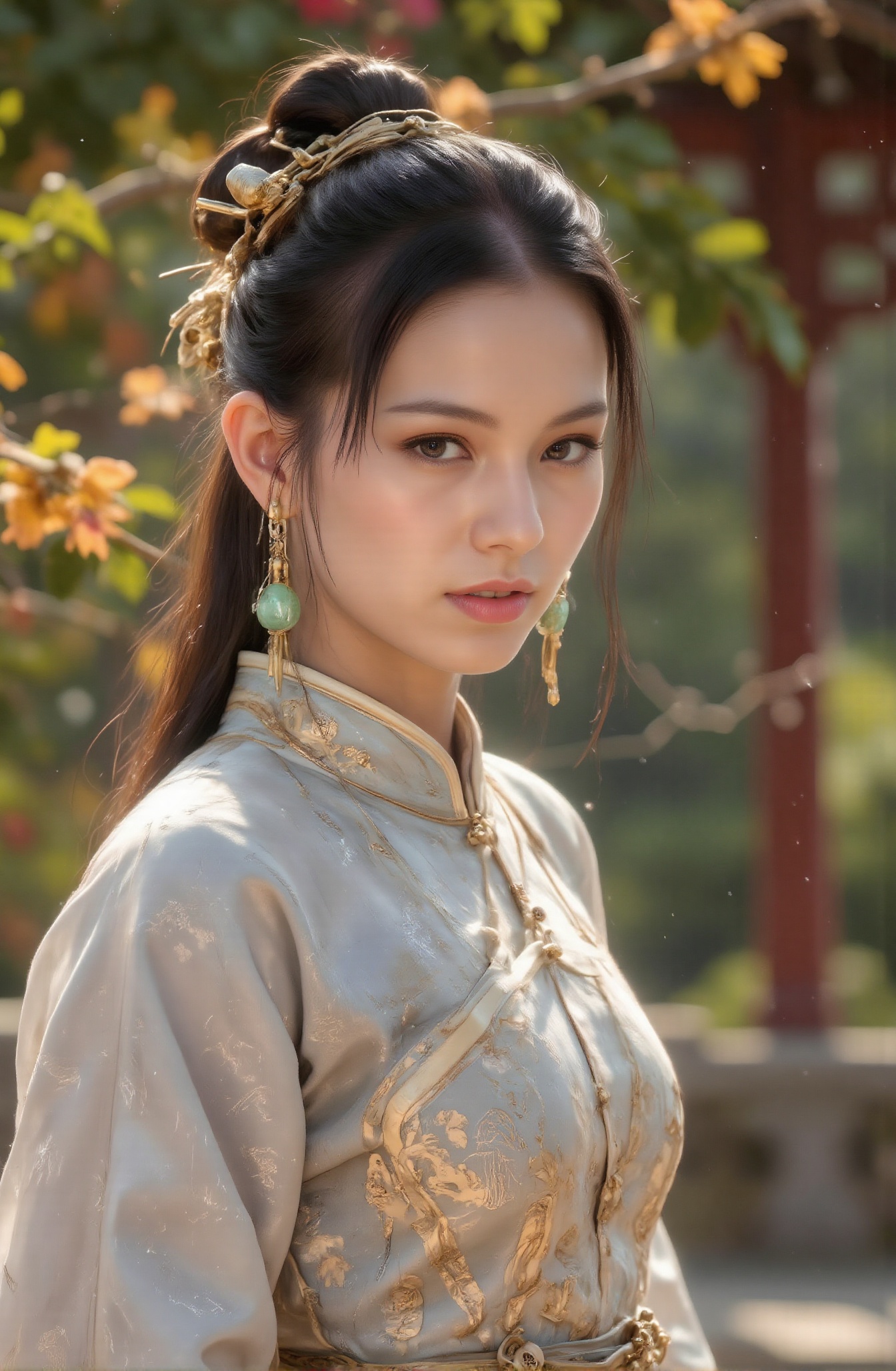 Score_9,  depicts a tranquil Chinese palace scene. This is a palace full of sunshine and beautiful gardens. The sunlight a...