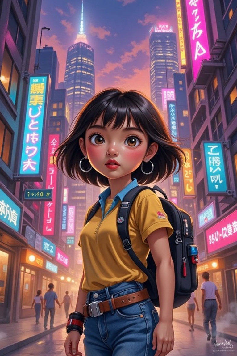 In a gritty cyberpunk metropolis,  Dora the Explorer morphs into a stunning digital painting,  bathed in neon hues and hig...