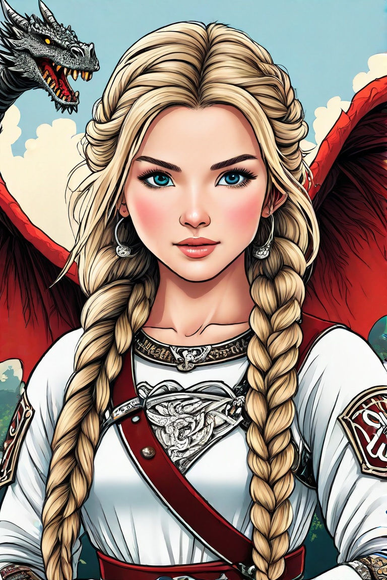 Color line drawing of a female Viking warrior with braids,  war paint on her face,  feathers in her long blonde braids on...