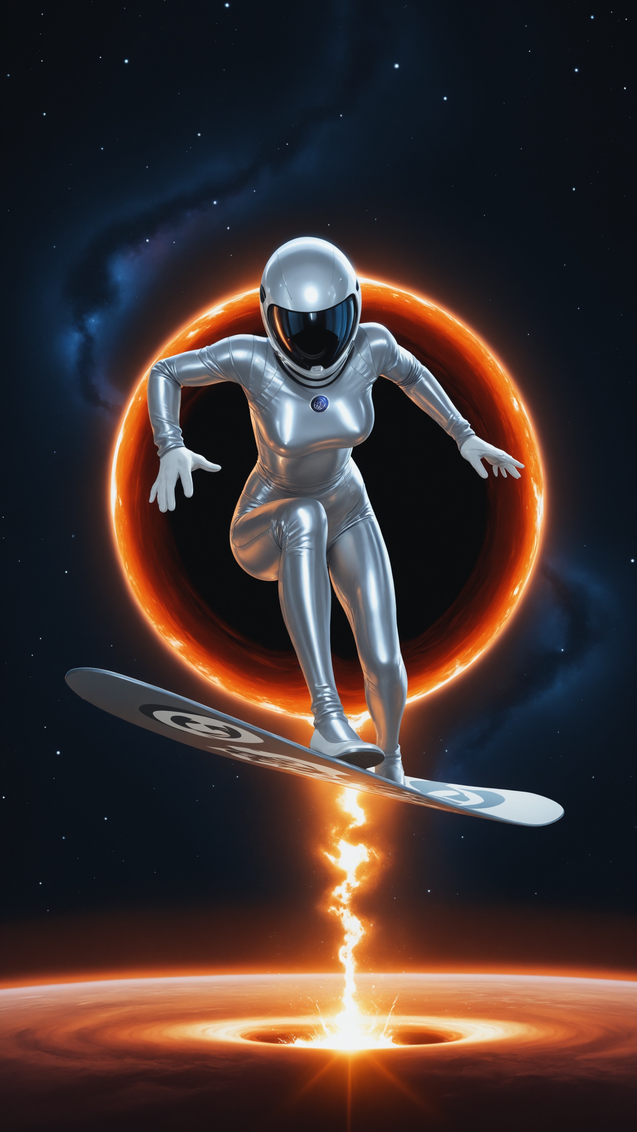 Female silver surfer,  surfing in space,  surfing on Tensor.Art