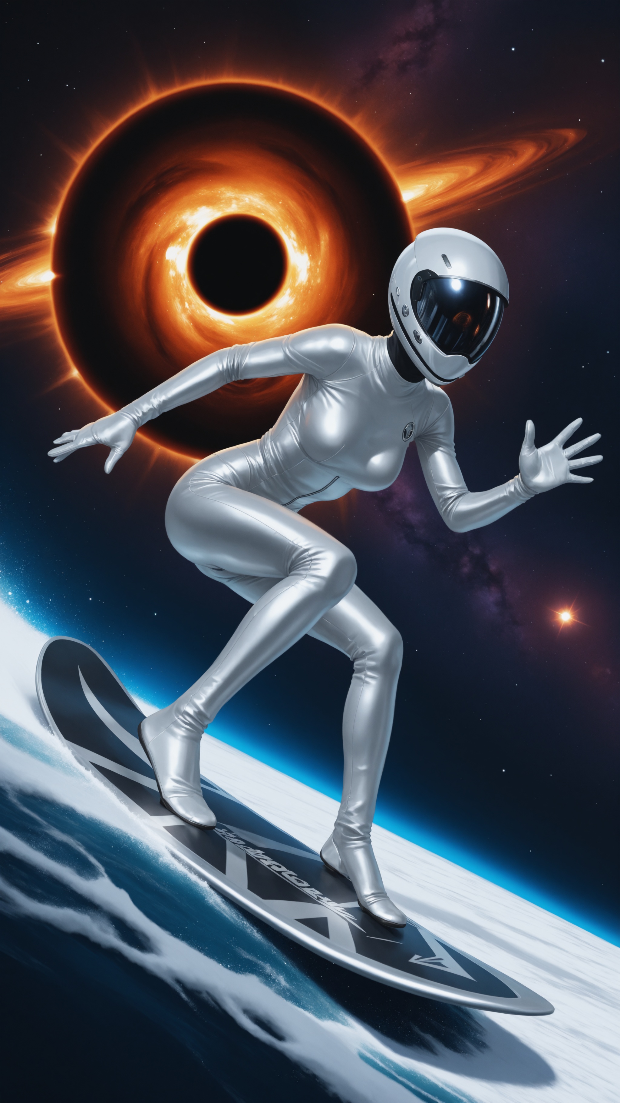 Female silver surfer,  surfing in space,  surfing on Tensor.Art