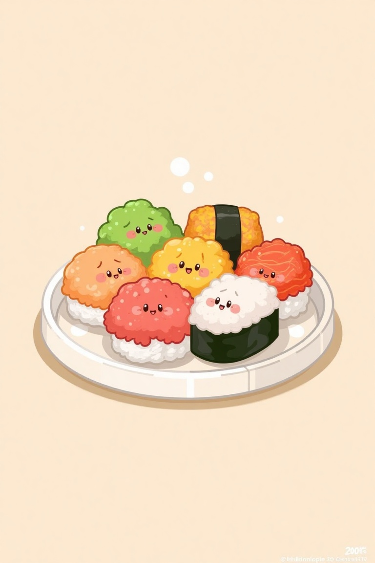A kawaii-style digital illustration of a group of adorable sushi characters. The shot is framed to show a variety of sushi...