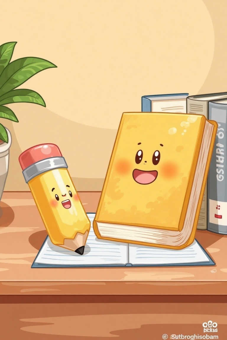 A kawaii-style digital illustration of a happy book and pencil with a soft-warm toned pastel color palette and a hand-draw...