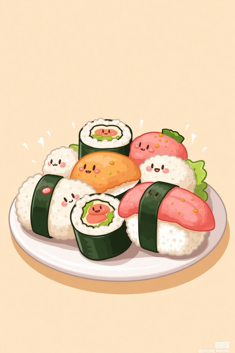 A kawaii-style digital illustration of a group of adorable sushi characters. The shot is framed to show a variety of sushi...