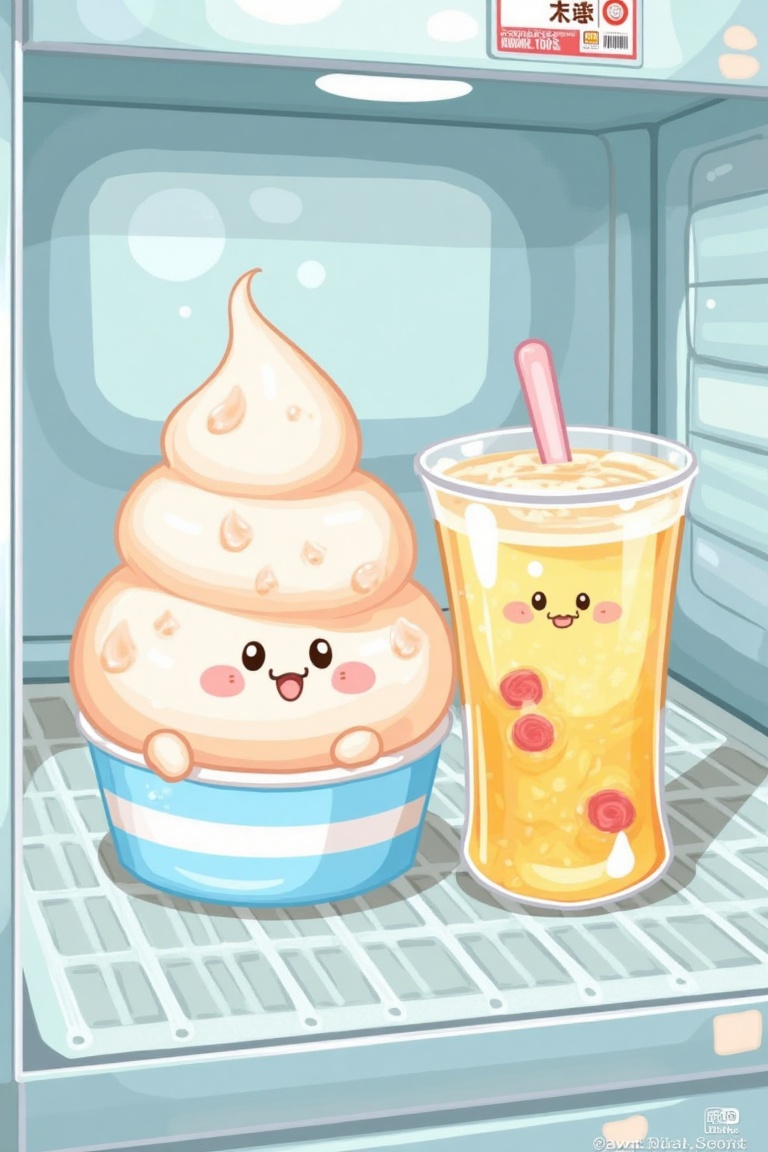 A kawaii-style digital illustration of adorable food characters in a chiller,  featuring yogurt and a carbonate drink. The...