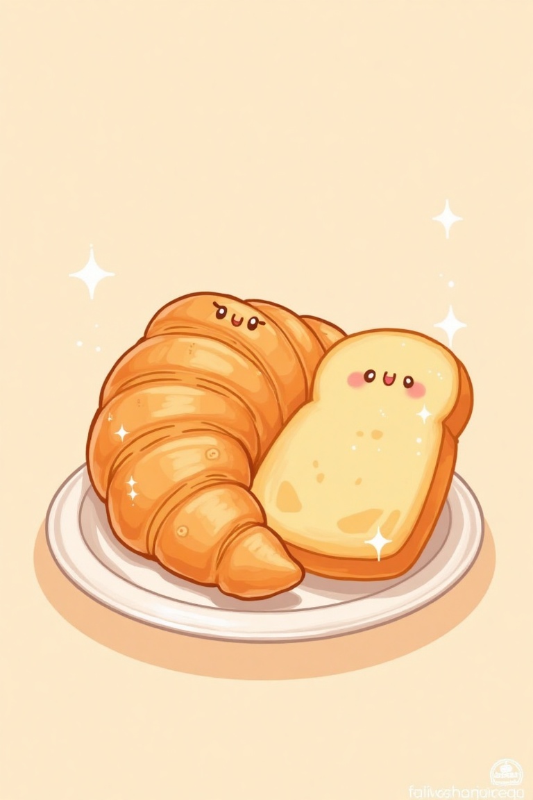 A kawaii-style digital illustration of adorable food characters,  a croissant and bread. The shot is framed to show the cr...