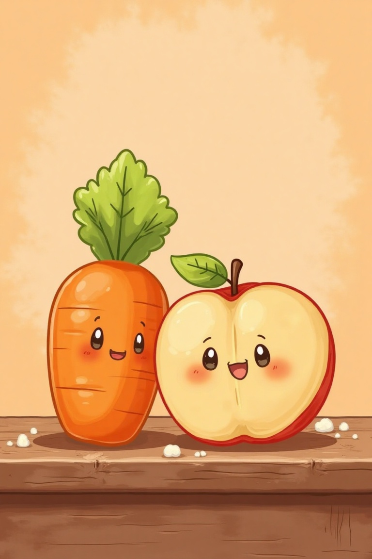 A kawaii-style digital illustration of adorable food characters with a soft-warm toned pastel color palette and a hand-dra...