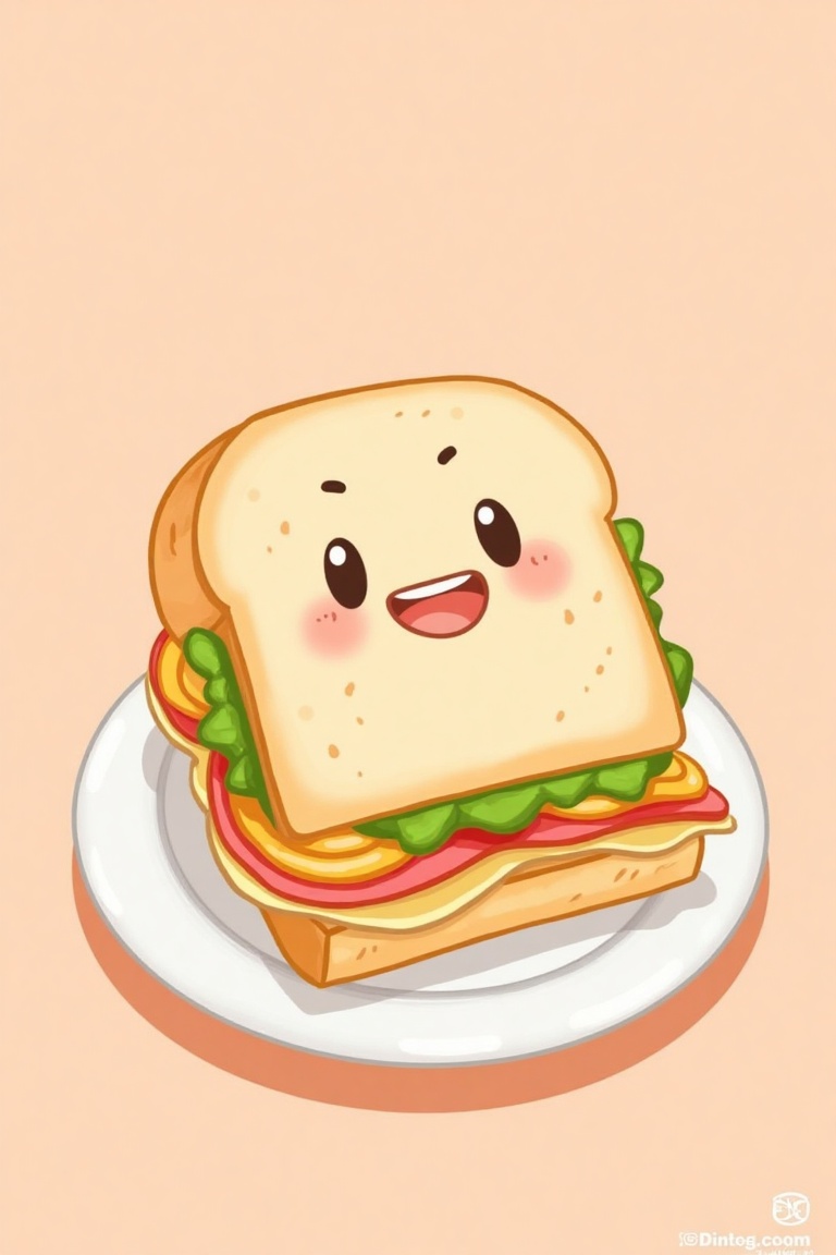 A kawaii-style digital illustration of a happy sandwich on a plate. The shot is framed closely,  focusing on the colorful,...