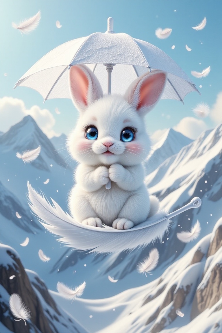 a whimsical image of a chibi cute,  fluffy white rabbit with large,  expressive blue eyes on Tensor.Art