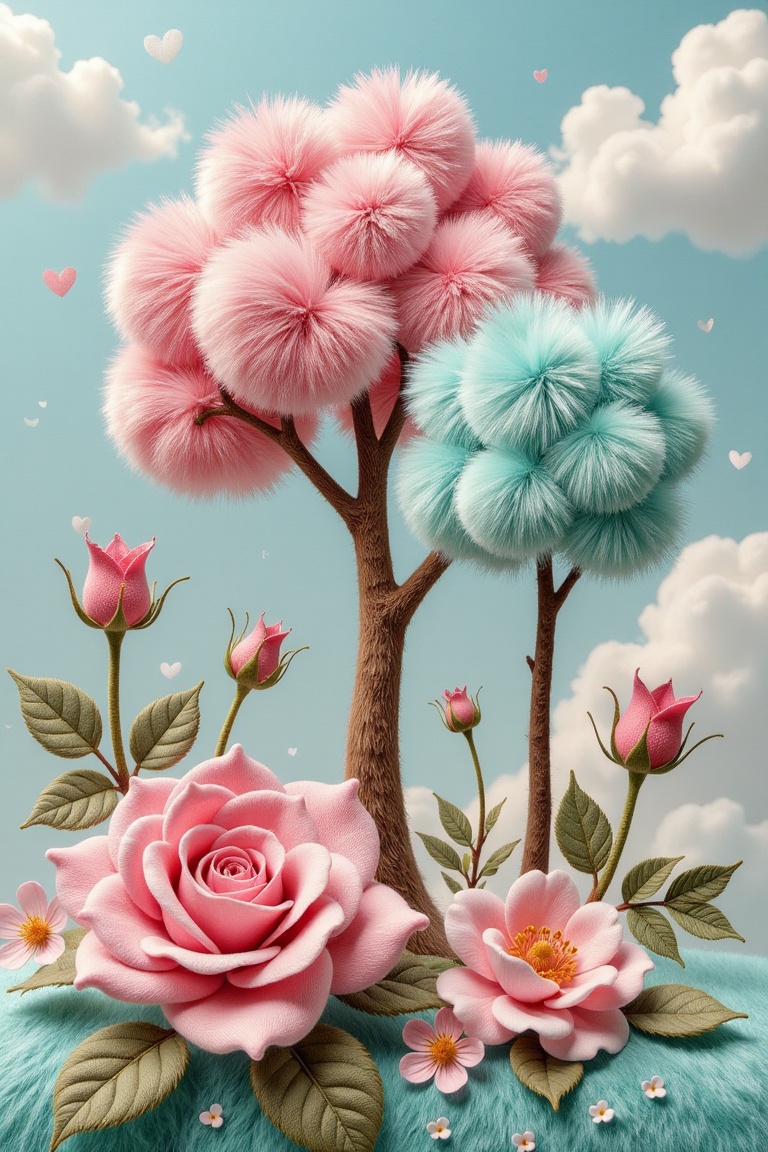 Soft Fluffy Trees and Rose Fabric Texture Flowers on Tensor.Art