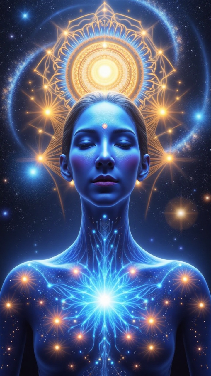 A cosmic celestial entity with a transparent body glowing blue,  filled with a galaxy-like pattern of energy. Her face was...