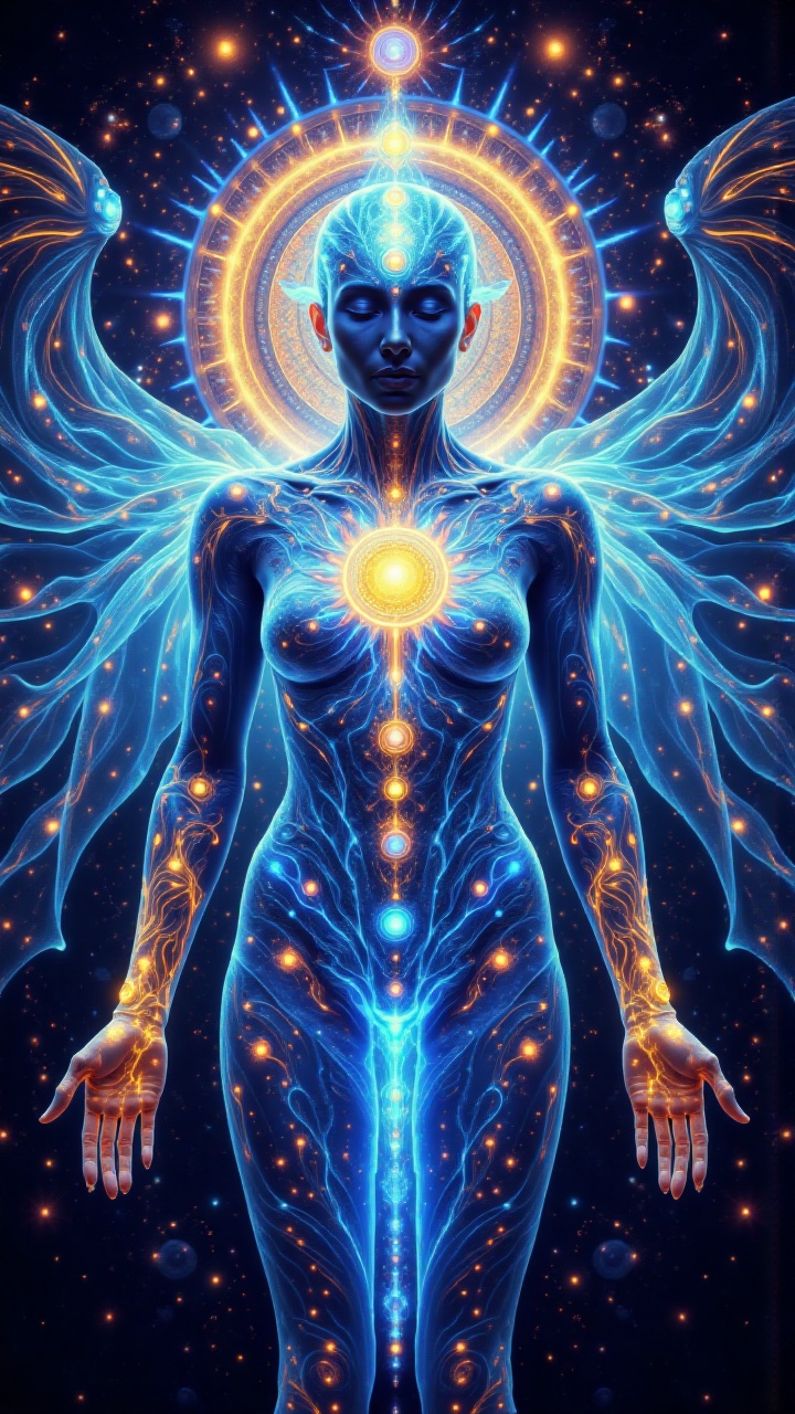 A cosmic celestial entity with a transparent body glowing blue,  filled with a galaxy-like pattern of energy. Her face was...