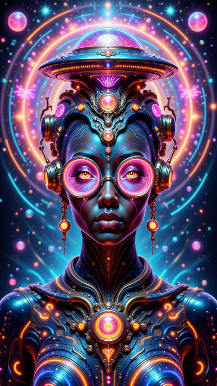 A mesmerizing half-body portrait of a Black woman in an Afrofuturism and psychedelic art style,  facing the viewer. intric...